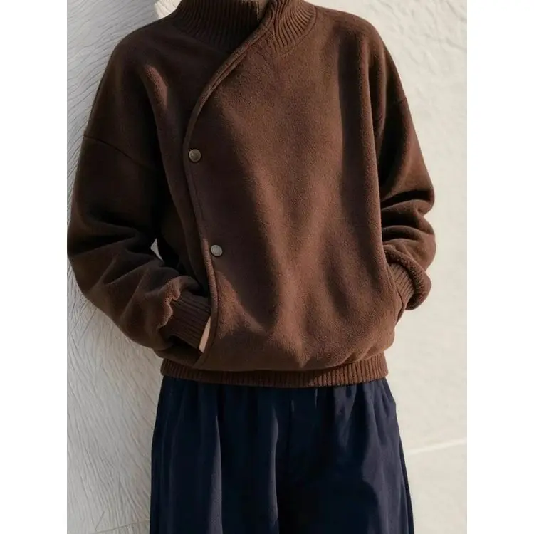 

2025 Autumn Winter Coffee Color Stand Collar Casual Fashion Versatile Fleece Sweatshirt Jacket for Women