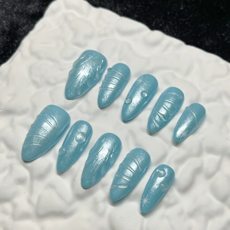 10PCS Simple Blue Almond False Nails Handmade 3D Ripples Glitter Press on Nails White Star Sweet Cool Wearable Nail Manicure Art