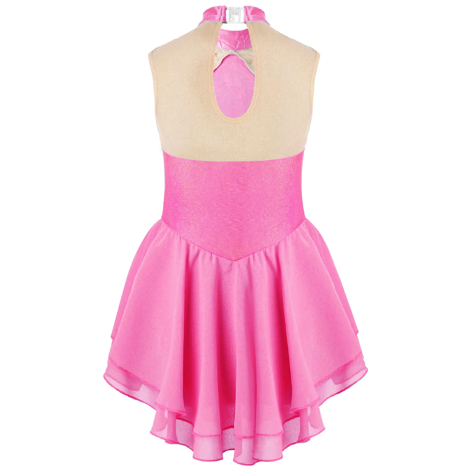 Vestido de dança strass brilhante para meninas, splice dancewear sem mangas, patinação artística, collant de ginástica para performance infantil