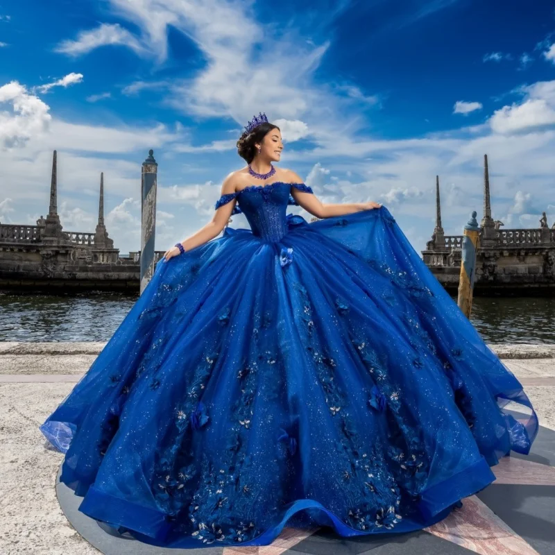 

Блестящее королевское синее платье Quinceanera, кружевная многослойная наклейка с кристаллами, 3D цветок, длинный хвост, платья de 15, Quinceanera ﻿ Индивидуальный