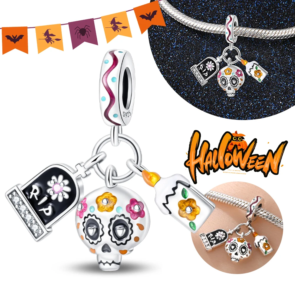 

Halloween Party 925 Sterling Silver Tombstone&Skull&Candle Pendant Beads Fit Charms DIY Bracelet For Jewelry Making Women Gift