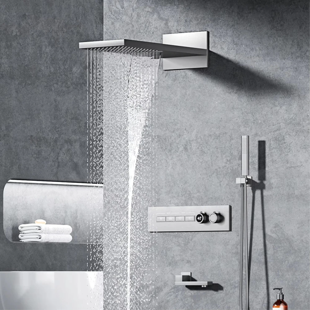 Luxury Black Brass System Wall-Mounted LED Digital Display Design Cold & Hot Dual-Control 4-Function Ceiling Shower Tap