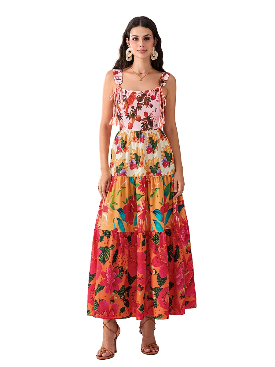 Donne carino stampa floreale Maxi Cami Dress Y2k Tie-Up Straps Boho Going Out Dress Flowy Graffiti Long a-line prendisole