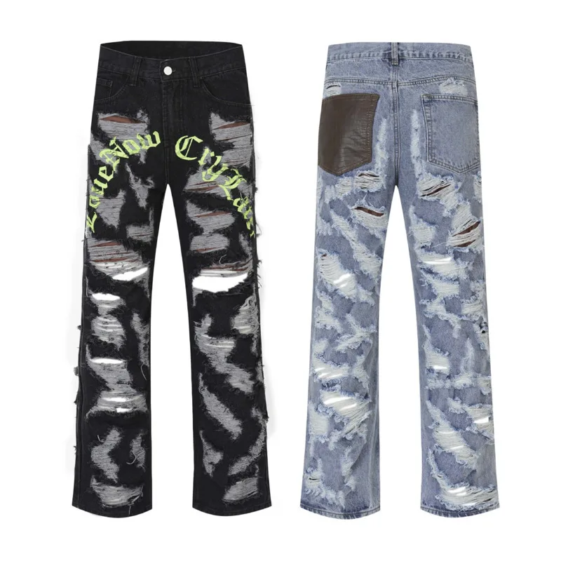 الرجال إلكتروني الطباعة العمل خارج الجينز ، واسعة الساق ، مستقيم الساق ، عادية ، تنوعا الدنيم السراويل ، فضفاضة تناسب السراويل ، للجنسين ، Y2K ، ملابس الشارع