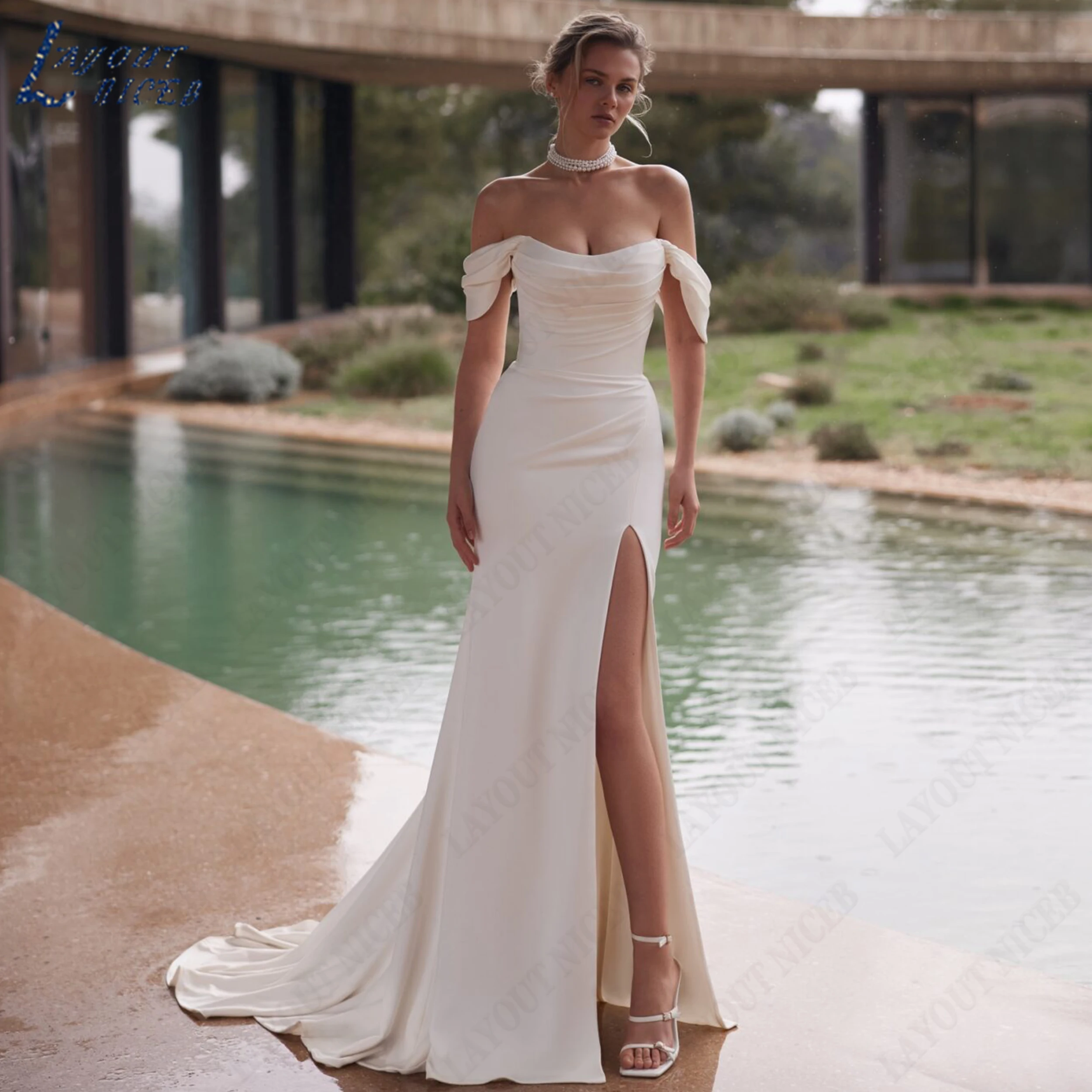 LAYOUT NICEB Customized Off The Shoulder Mermaid Wedding Dress Soft Satin Pleated Bridal Gown High Split Bride Gowns Luxury