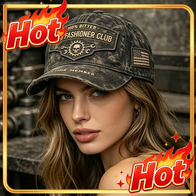 Custom Old Fashioner Club Trucker Hat, 3D Digital Print Skull And Wrench Retro Baseball Cap, Washed Distressed Buckle Cap
