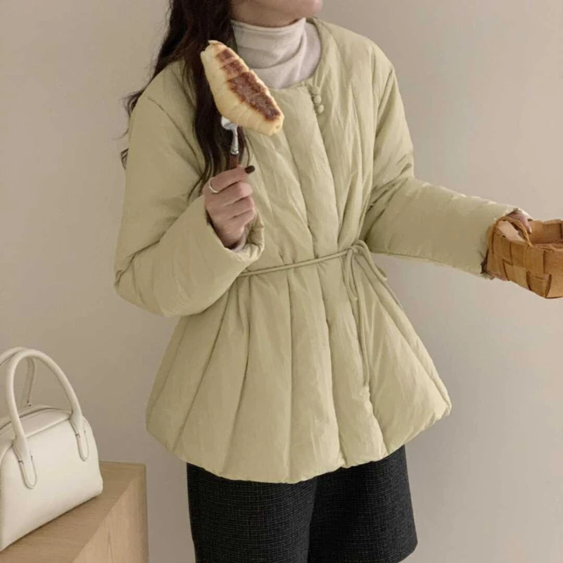

Women's Winter Jacket Short Down Coats Simple Waist Casual Literary Sweet Outerwears Round Neck Thick Warm Snow Down Jackets