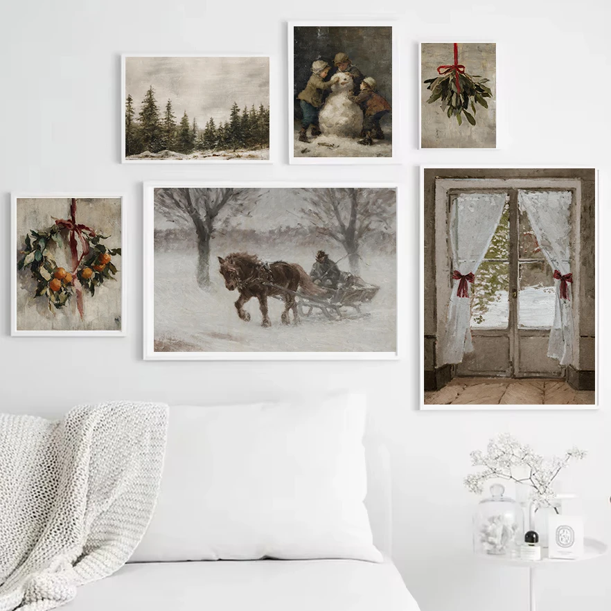 Vintage Christmas Wall Art Rustic Winter Landscape Painting Snowman Mistletoe Cozy Country Holiday Print Living Room Home Decor