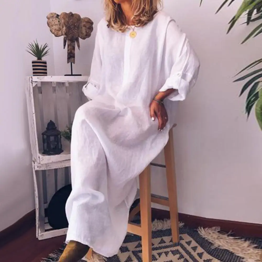 Casual Vrouwen Effen Kleur Oversized Maxi Katoenen Linnen Lange Shirt Kaftan Jurk Gewaad Femme Vestido Casual Party Zakjurk 원overhemd