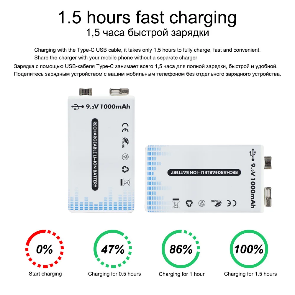 9V Rechargeable Li-ion Battery 1000mAh High Capacity USB Rechargeable Li-ion Battery for Multimeter Walkie Talkie Toy Car