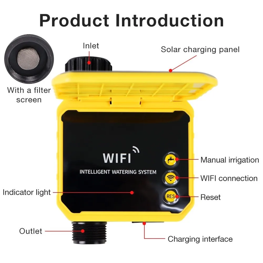 Outdoor Smart Solar Irrigation Timer with Remote Timing Control App Compatibility and Sediment Inlet Filter Design