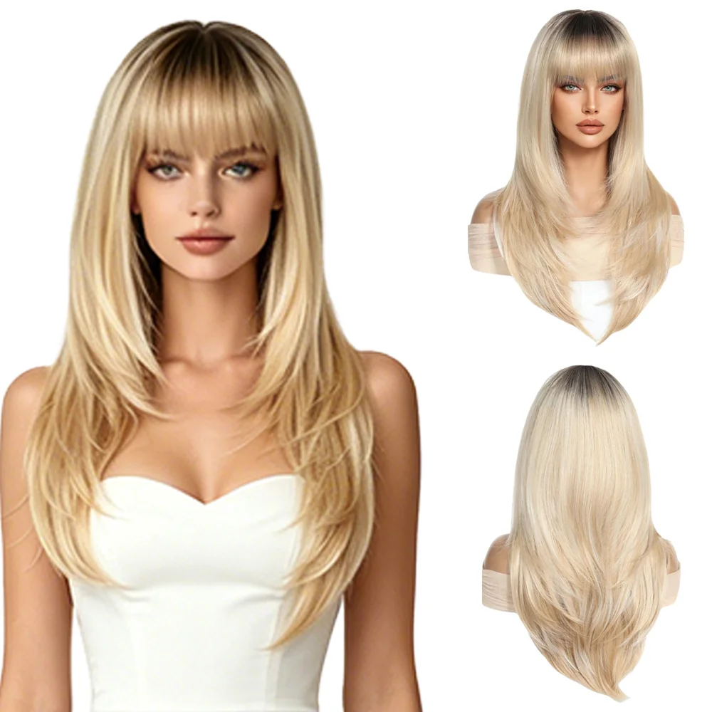 Natural Looking Dark Root Blonde Layered Wig With Bangs Women Soft Heat Resistant Synthetic Full Head Wig For Daily Wear Cosplay