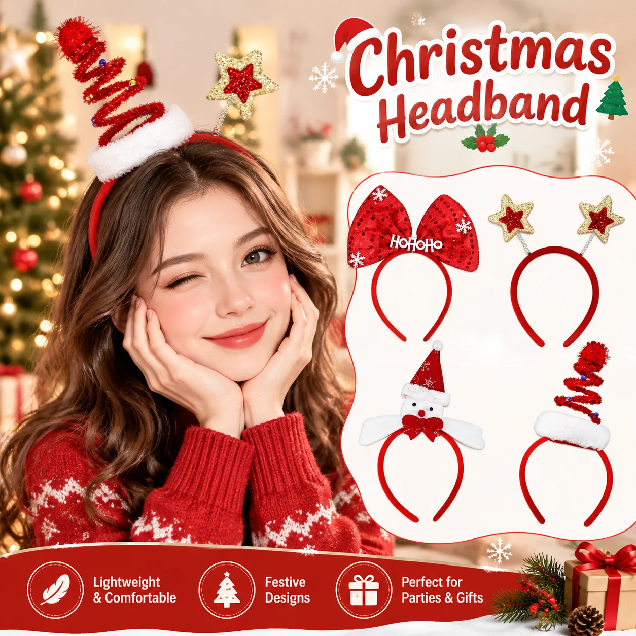 Xmas Decor Headband Christmas Tree Snowman Bow Star Hairband Festive Party Photo Props Hair Hoop for Christmas Dress Up