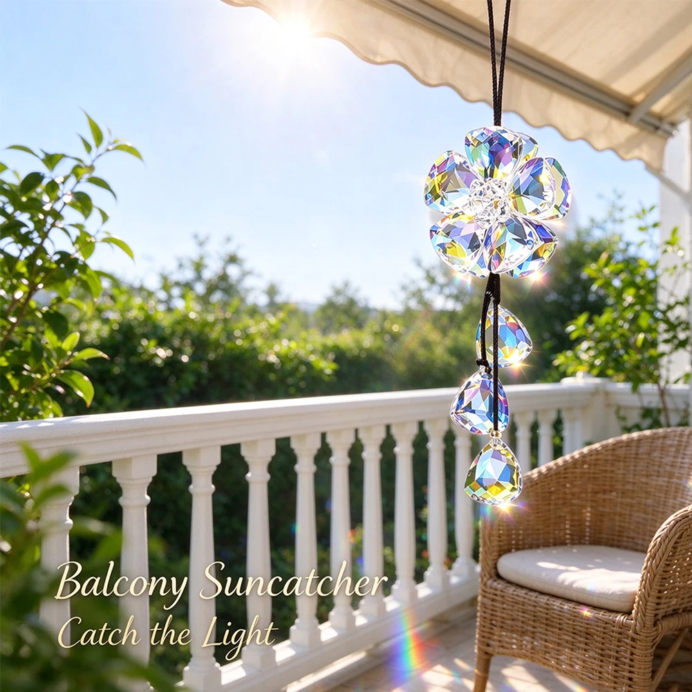 AB Crystal Five Leaf Flower Suncatcher Car Mirror Hanging Ornament Snowflake Prism Rainbow Maker Window Christmas Tree Decor
