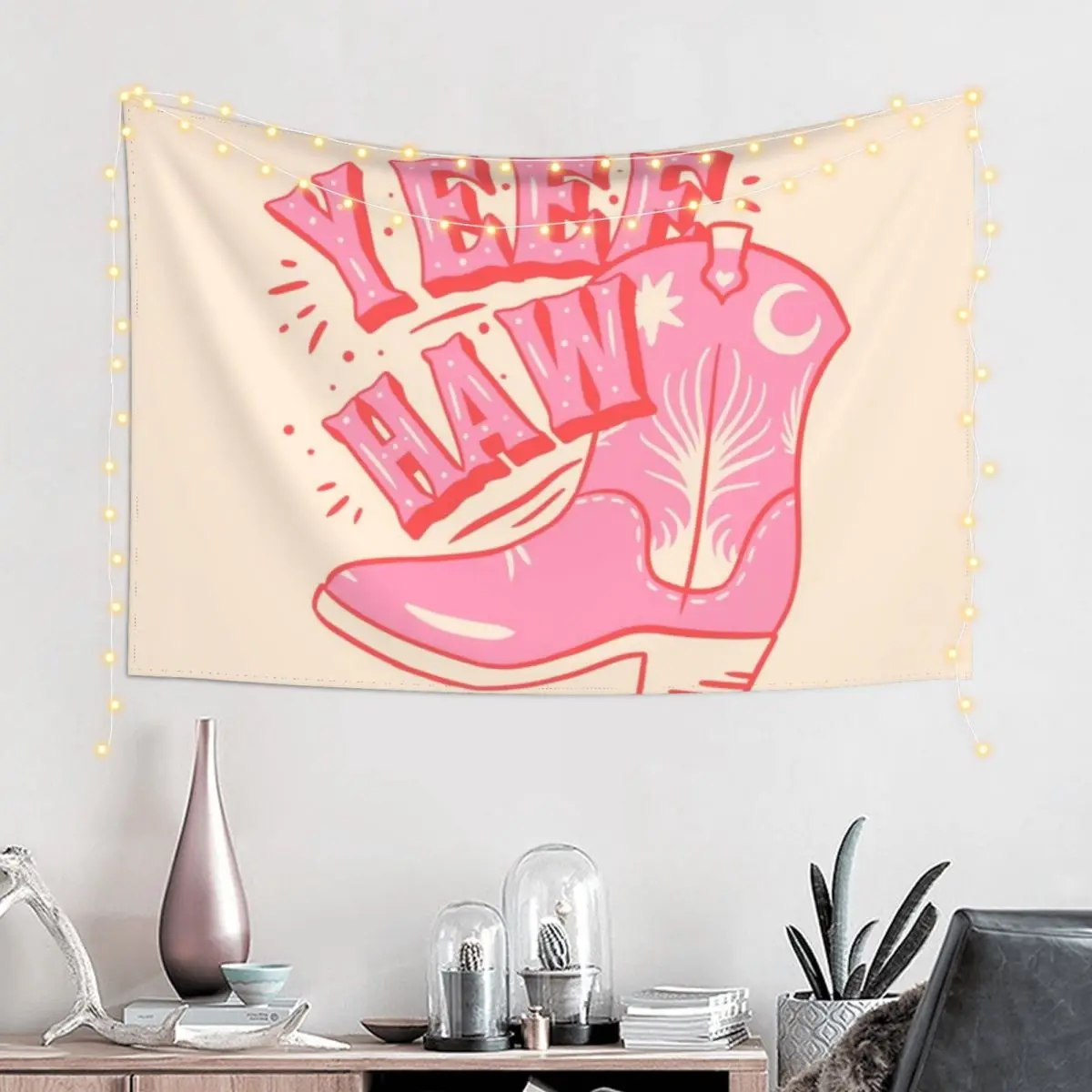 YEEHAW Pink Cowboy Space Cowgirl Rodeo Boot Preppy Aesthetic HOWDY Y'ALL White Background Tapestry Wall Hanging Decor Tapestry