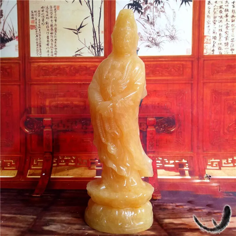 30CM Large Blessing Home office efficacious Talisman Guanyin Buddha Avalokitesvara yellow Jade hand carving Sculpture statue