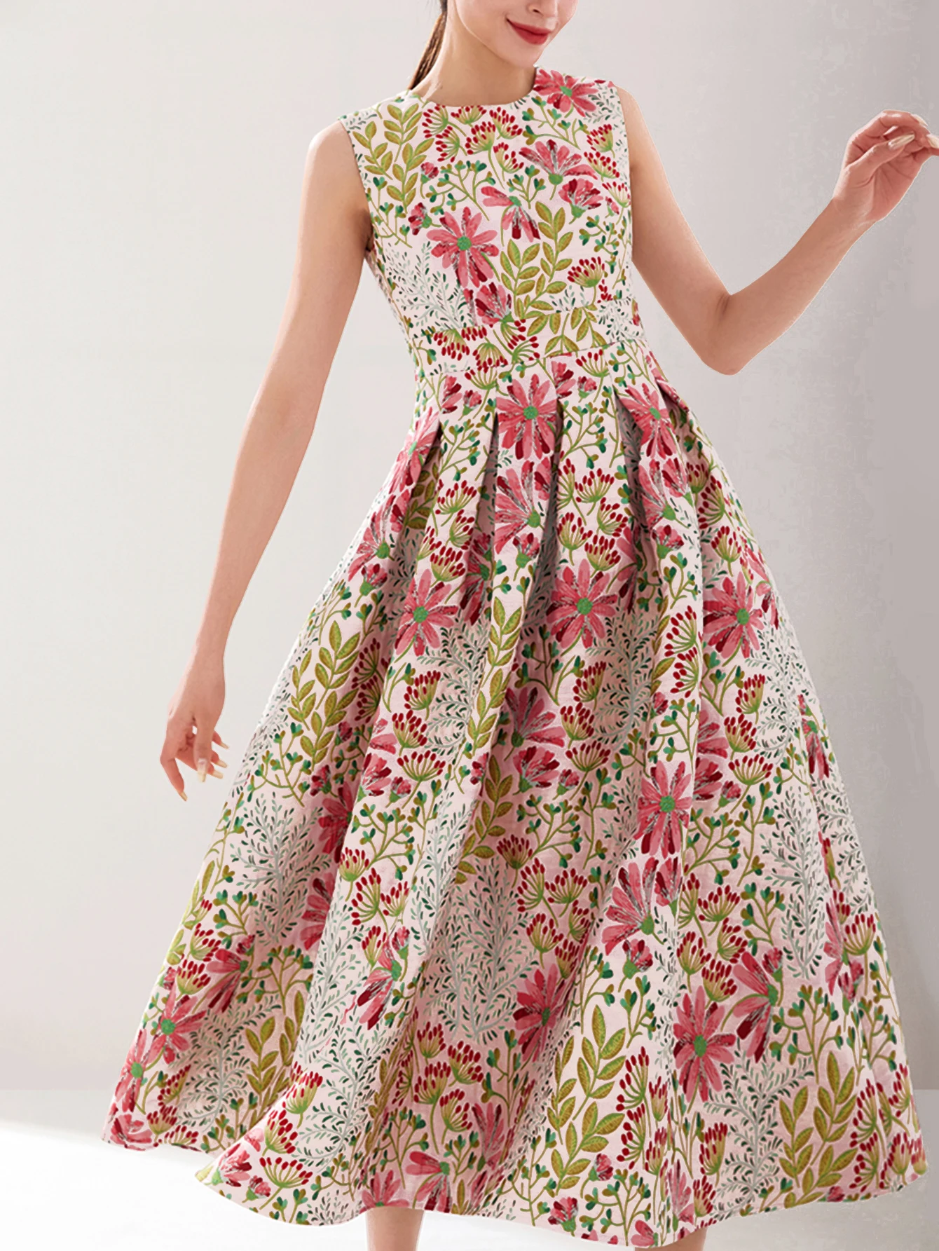 여성용 빈티지 민소매 긴 맥시 원피스, 우아한 여성 보호 자카드 꽃 탱크 파티 드레스, 슬림 베스티도, 여름