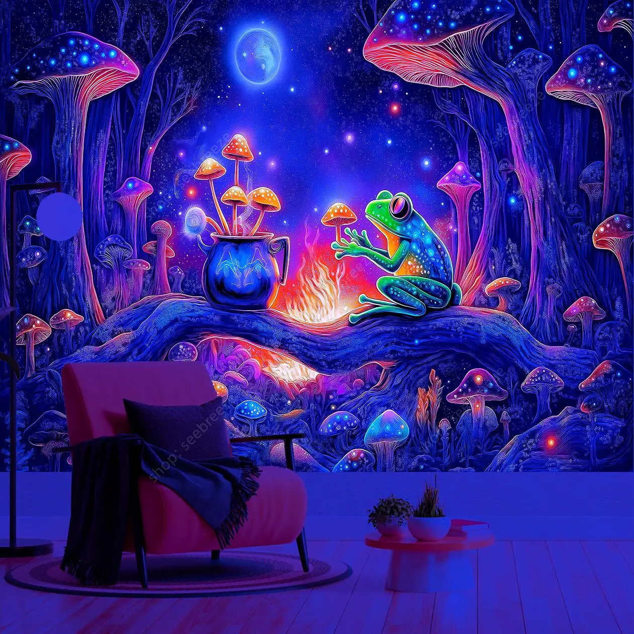 ماجيك فورست الضفدع جمع الأشعة فوق البنفسجية نسيج مسحور متوهجة الفطر ليلة مليئة بالنجوم الجدار الشنق البوهيمي ديكور المنزل التأمل الفن