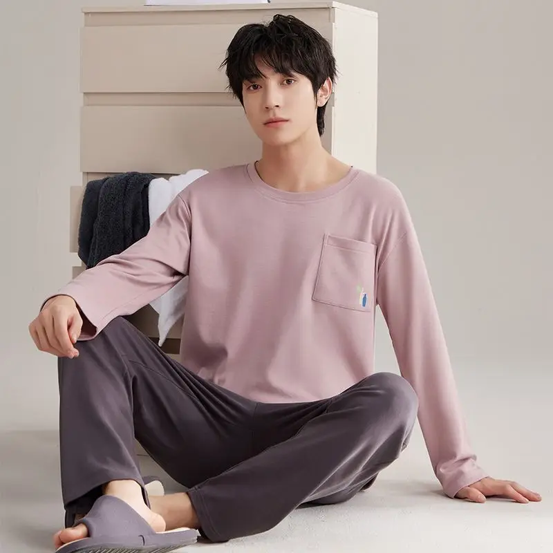 Men Pure Cotton Pajamas 2024 Spring Autumn Long Sleeve Casual Large Size Homewear Suit Teenagers Round Neck Simple Sleepwear Set