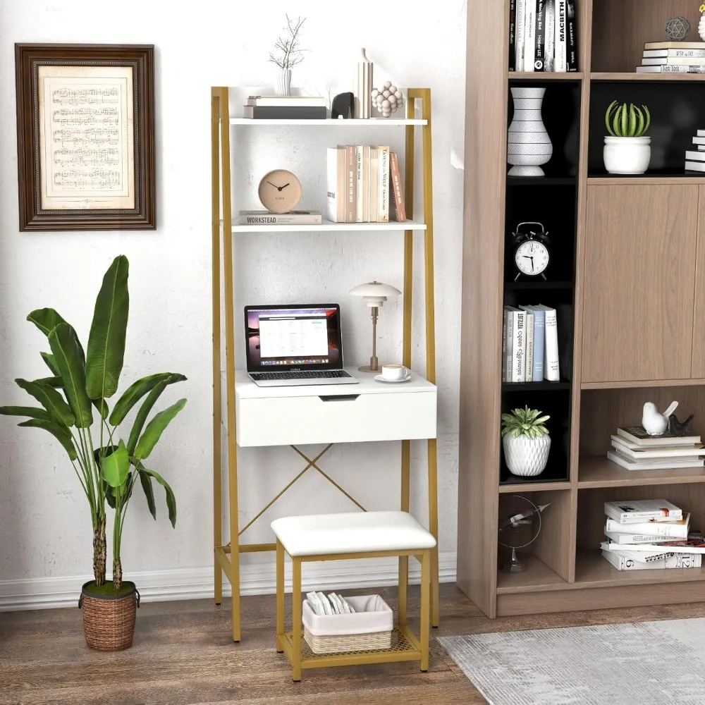 Dresser set with flip-up mirror, trapezoidal dresser and upholstered stool set with 4 storage compartments (White + Gold)