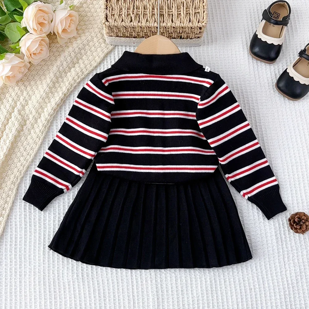 Bear Leader Kids Clothes Striped College Style Winter Long Sleeved Embroidered Rabbit Top+pleated Skirt 2-piece Sets