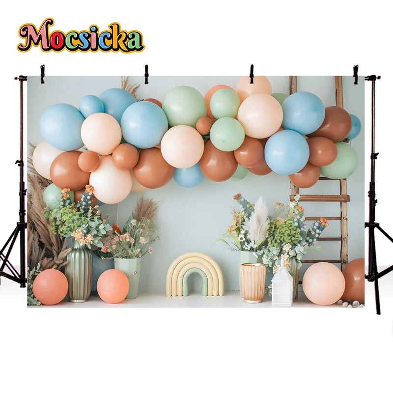 Mocsicka Photography Backdrop Happy Birthday Party Balloon Floral Broken Wall Background Kid Portrait Photo Banner Studio Prop