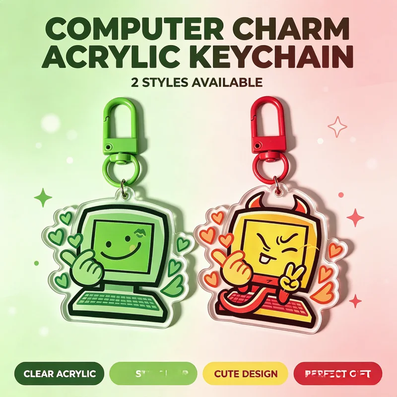 Cute Cartoon Computer Acrylic Keychain Double Sided Clear Acrylic Pendant Plastic Carabiner Key Ring Kawaii Funny Laptop PC Char