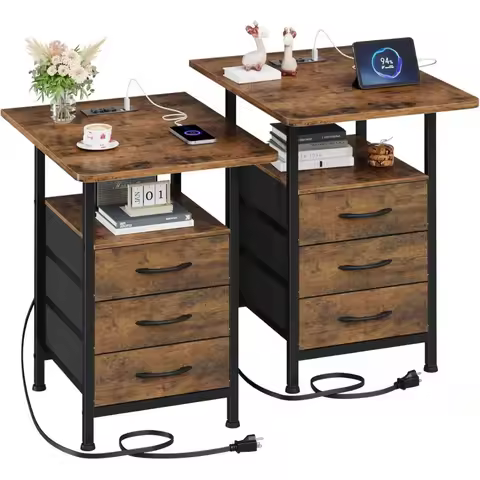 Set of 2 Nightstands with 19" Large Tabletop – 3 Fabric Drawers & Fast Charging Station, Bedside Tables with USB Ports & Outlets