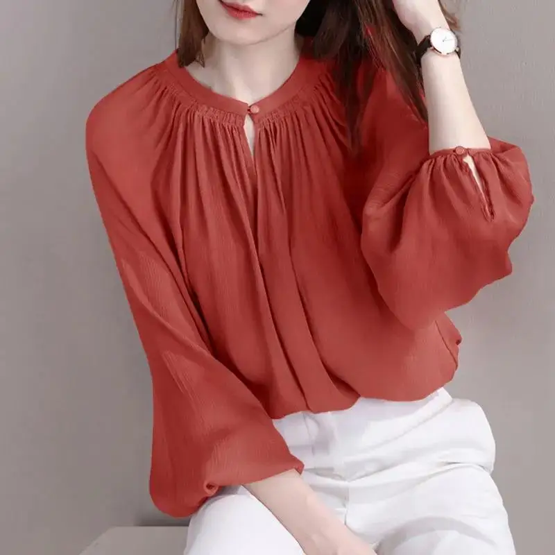 Fashion Crew Neck Lantern Sleeve Spring Autumn Oversized Chiffon Blouse Loose Casual Long Sleeve Commute Women\'s Clothing Shirt