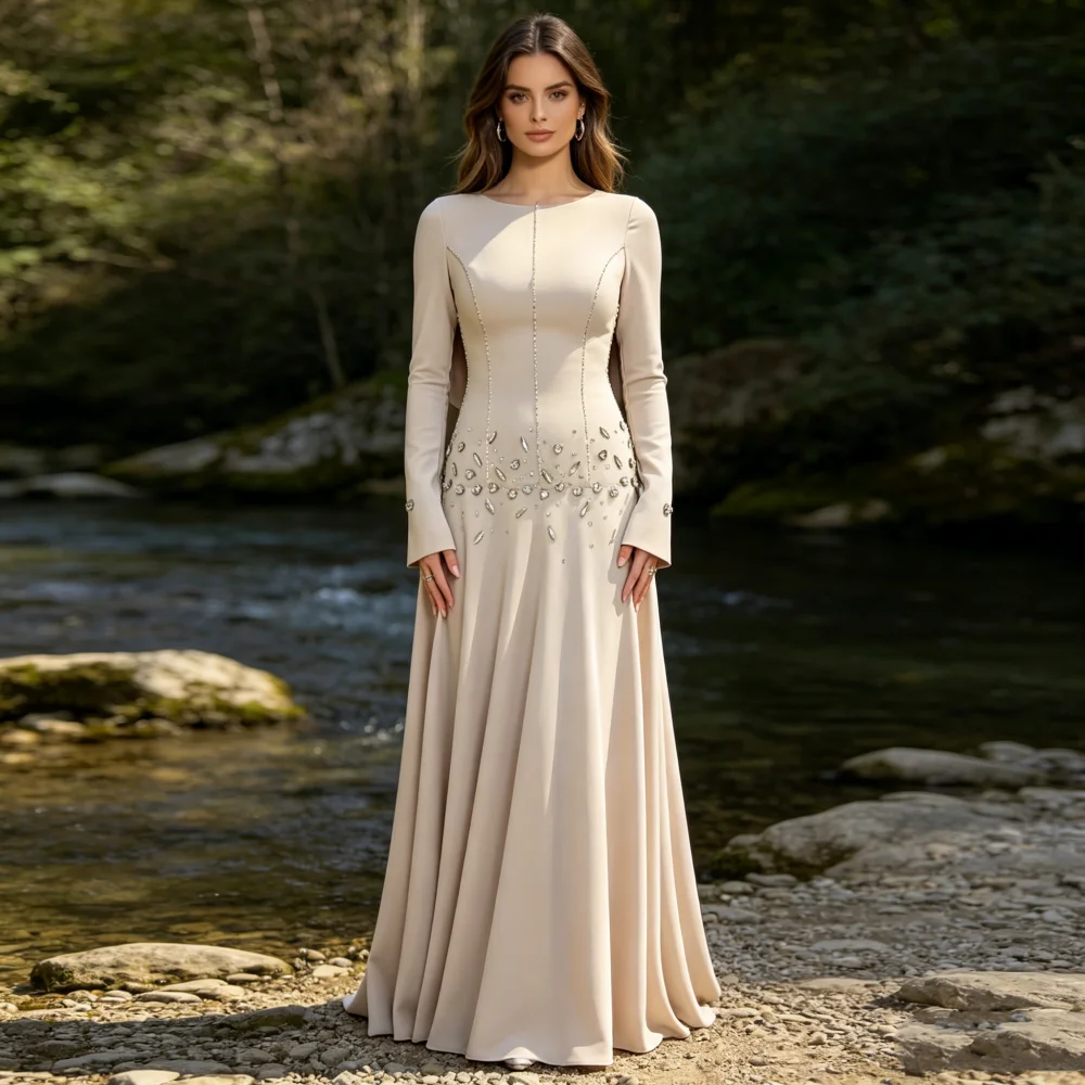 

Customized Elegant Long Sleeves Evening Gown with Glitter Rhinestone A-line Long Dresses Formal Party Dresses for Wedding Guest