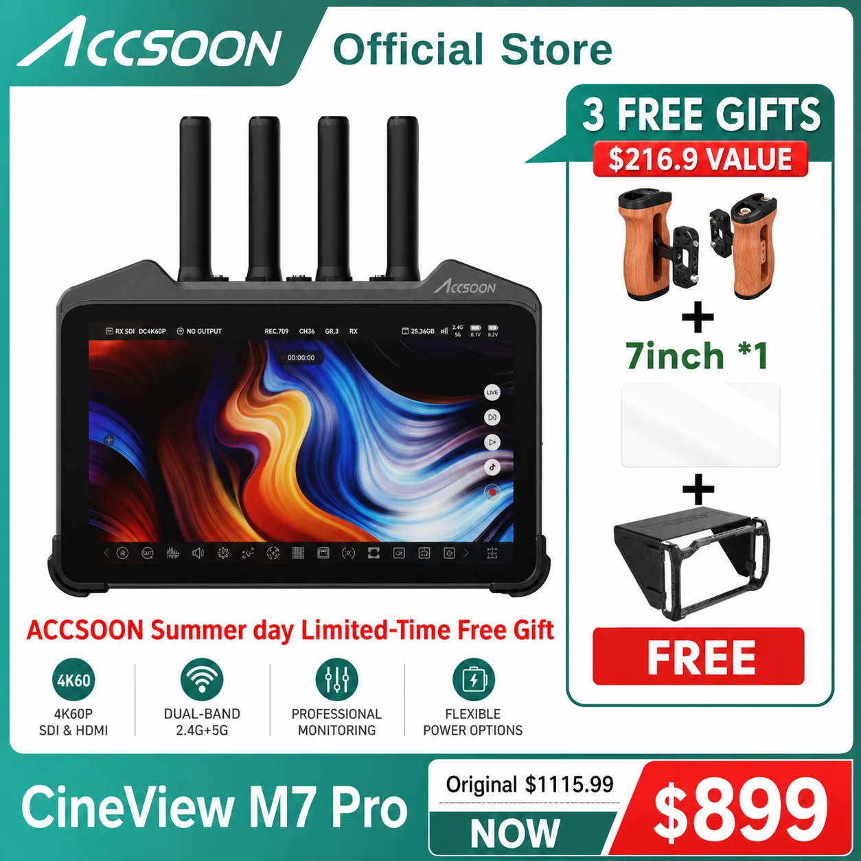 Monitor Inalámbrico Accsoon CineView M7 PRO de 7 Pulgadas, Receptor Inalámbrico RX TX con Asa Lateral, Sistema de Transmisión de Video Inalámbrico