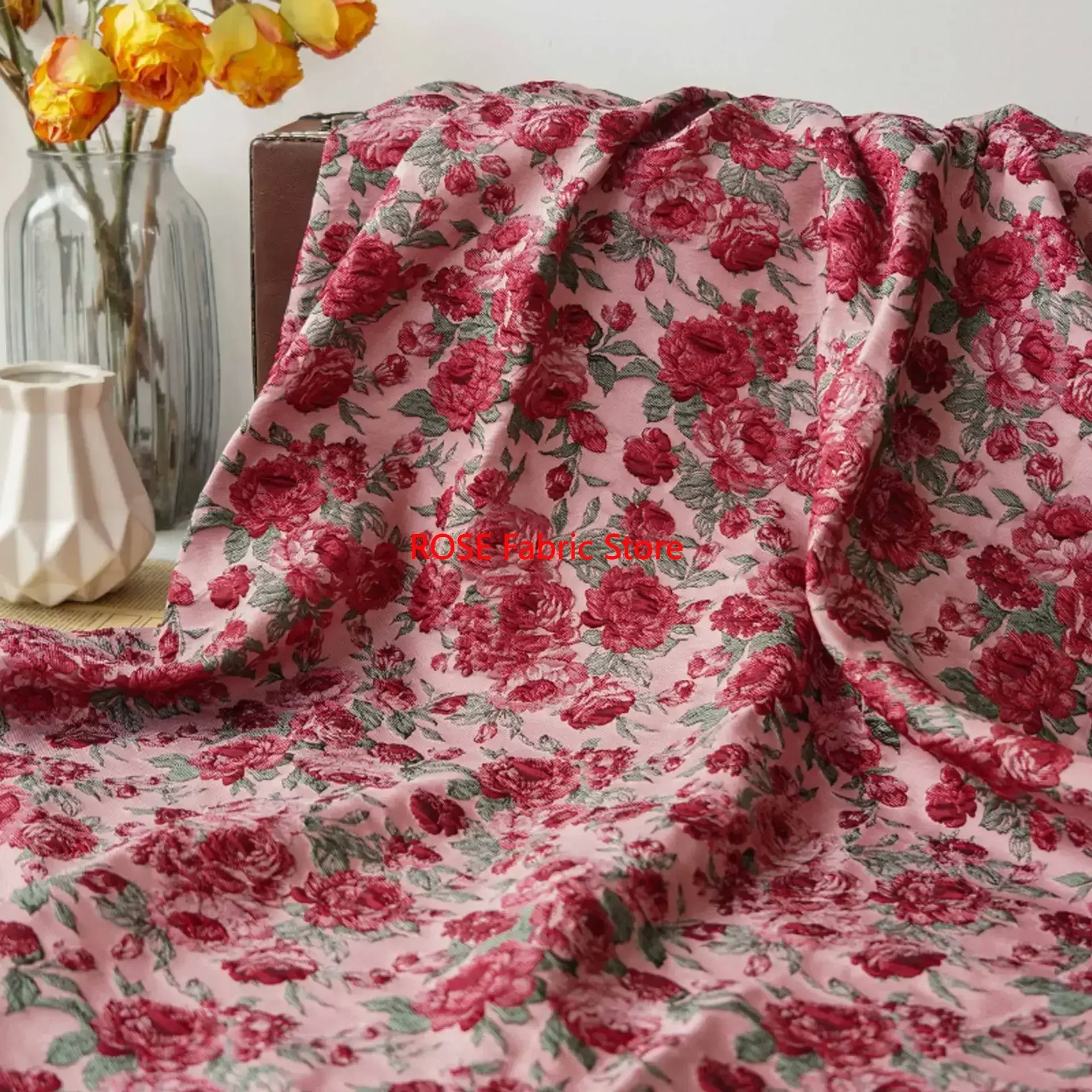 1 Meter Relief Red Rose Yarn Dyed Jacquard Fabric Spring Summer Dress Skirt Bag Decorative Sewing Fabric