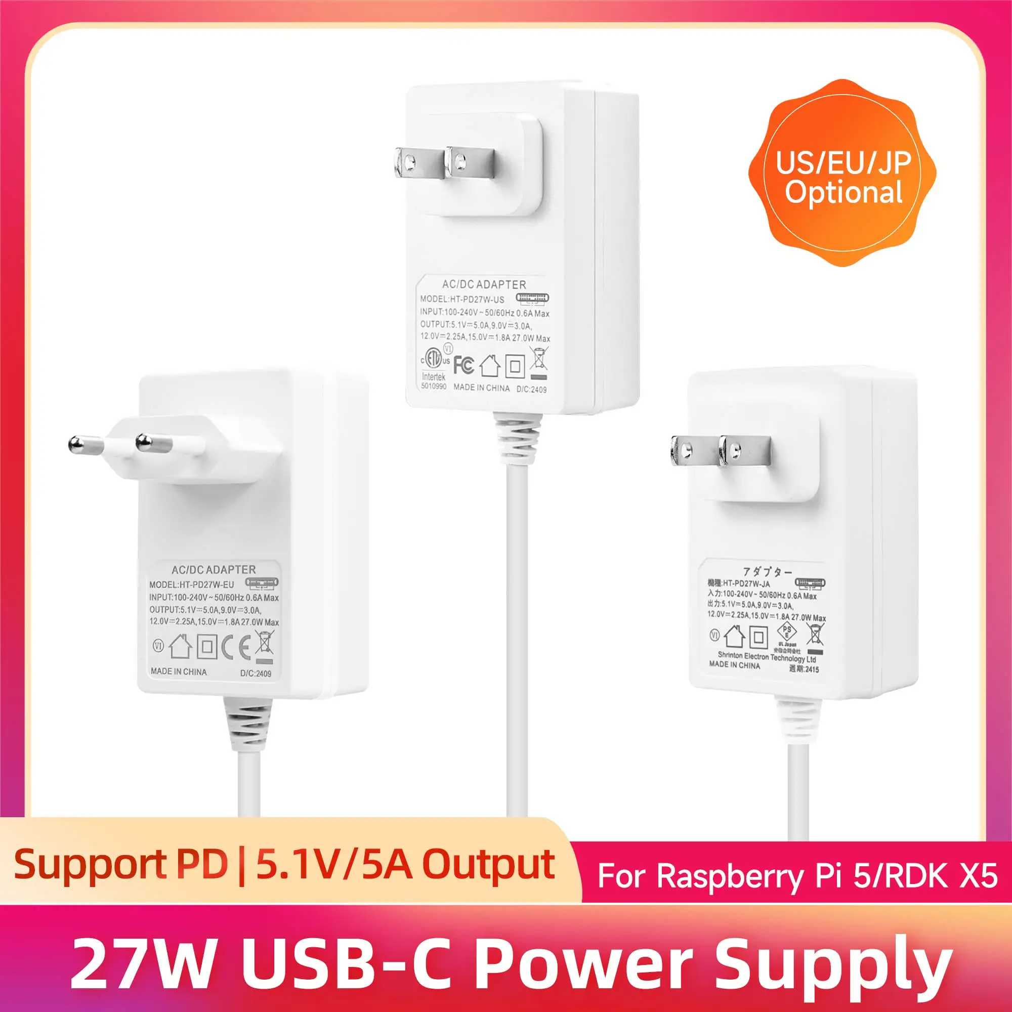 27W Power Supply for Raspberry Pi 5, PD Adapter USB C 5.1V 5A Power Adapter for Raspberry Pi 5 8GB 4GB US EU JP Standard