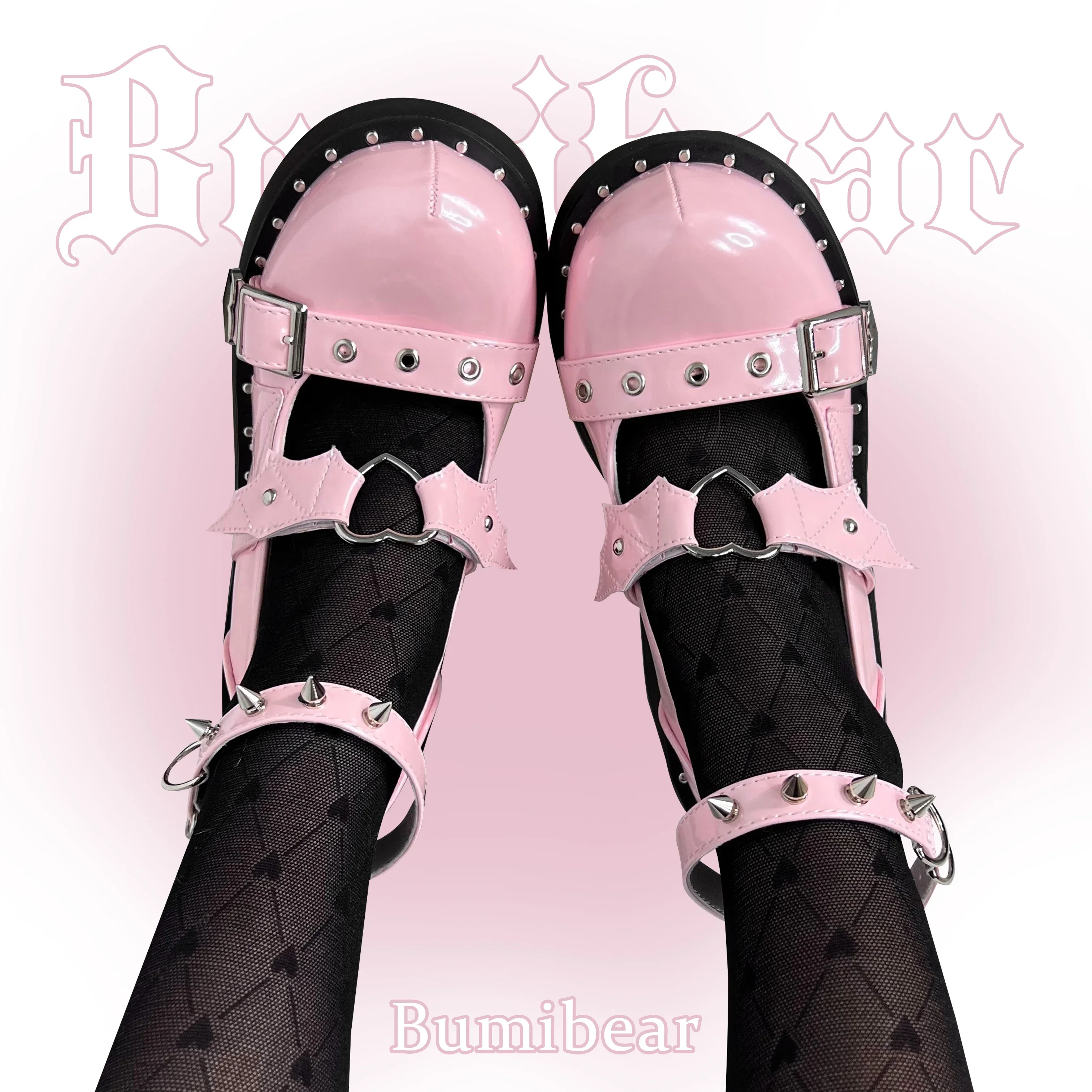 Lolita Punk Shoes Japanese Style Thick Bottom Dark Hot Girl JK Leather Shoes Female Black and Pink Rivet Pumps High Heels