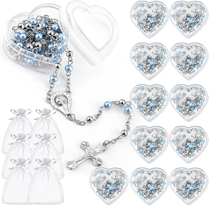 10 juegos/30 unidades de collar de rosario católico, recuerdos para la primera comunión y el bautismo, centro de mesa con perlas artificiales, caja con forma de corazón y bolsa de organza, listo para regalar.