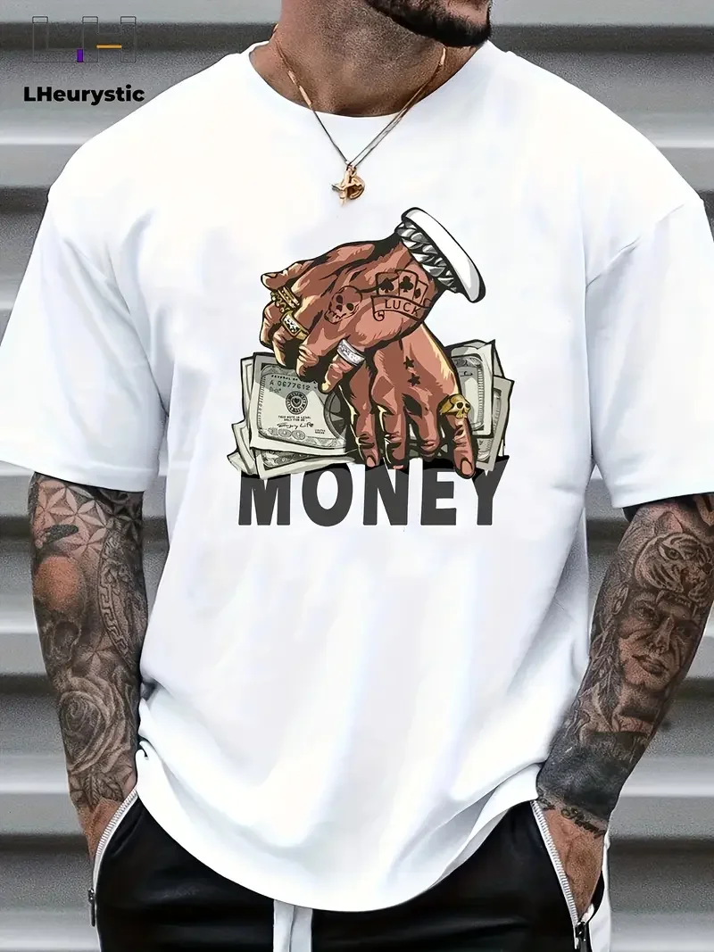 American streetwear MONEY US dollar handprint printed short-sleeved T-shirt, retro hip-hop style loose half-sleeved design