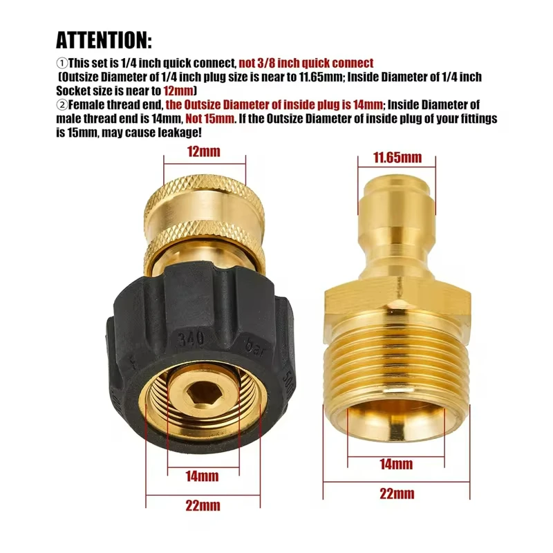 Hochdruckreiniger-Schnellkupplungs-Adapter-Set M22 14 mm/15 mm auf 1/4 Schnellspanner für Hochdruckschlauch- und Wasserpistolen-Zubehör – Detail 5