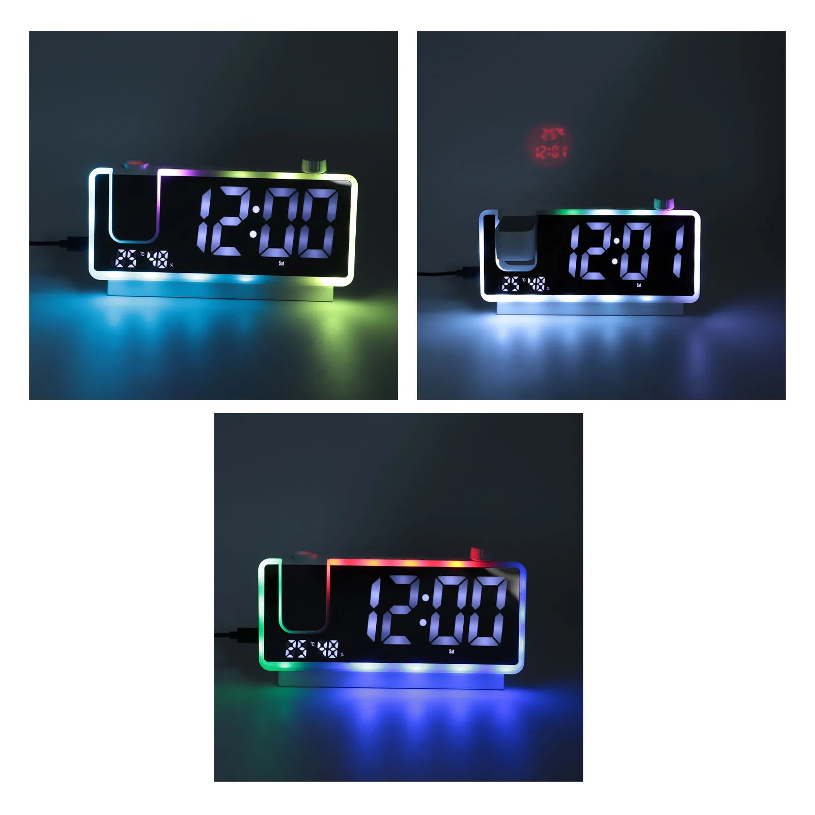 LED Display Projection Alarm Clock RGB Ambient Light Plug-In Digital Alarm Clock Time Projection Adjustable Control Knob