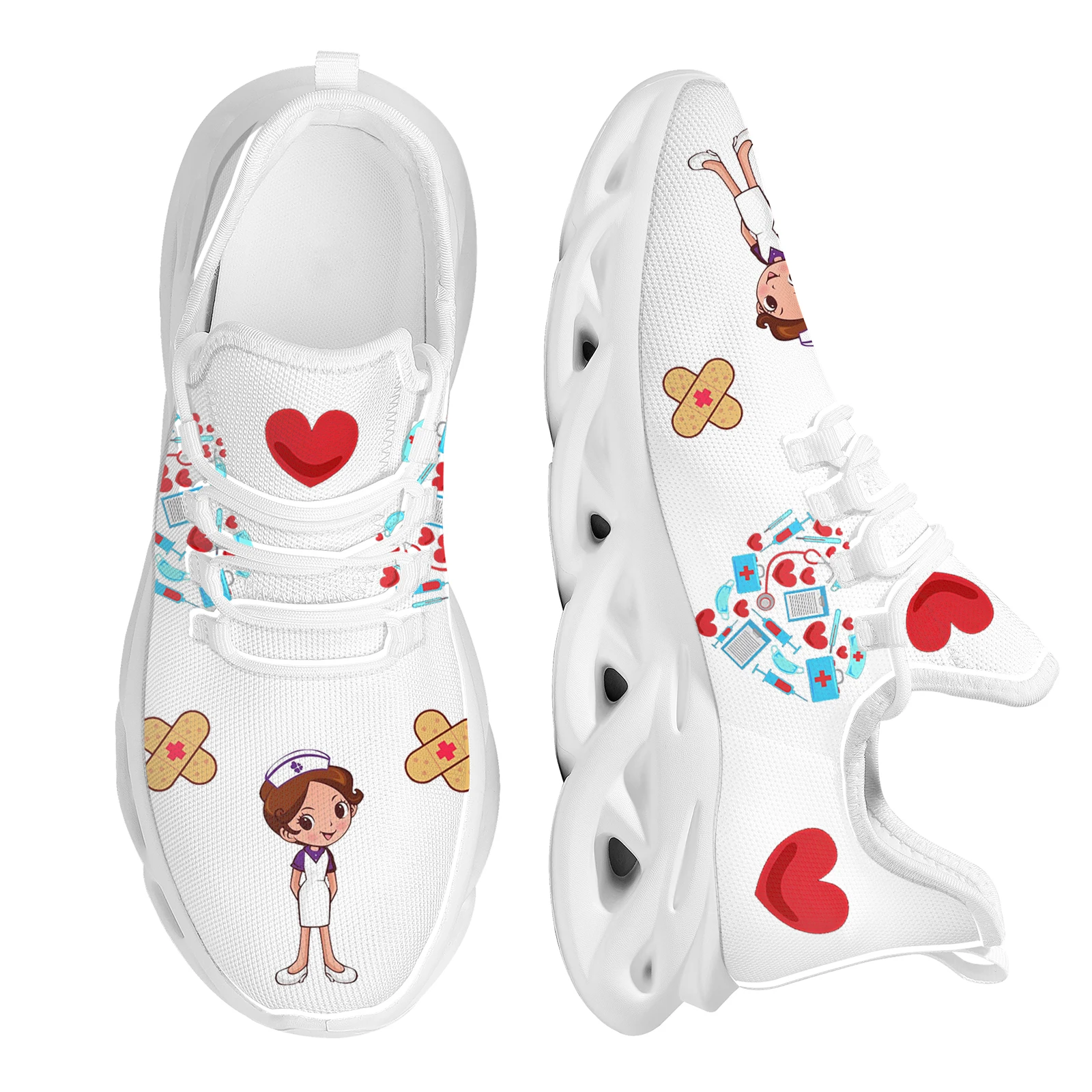 INSTANTARTS Women Shoes Breathable Fashion Mesh Swing Shoes Cute Nurse Girl Pattern Outdoor Cushion Sneakers for Hospital Worker