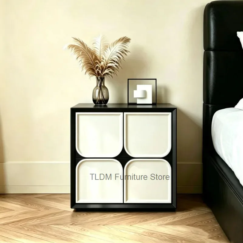Modern Geometric Bedside Table Two Tone Embossed Recessed Drawer Storage Cabinet Floor Standing Night Stand Living Room