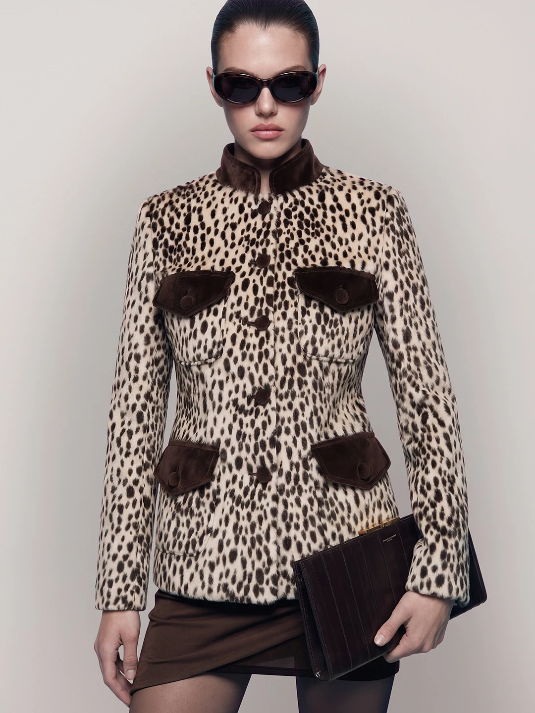 Laur Women Faux Fur Jacket Stand Collar Spotted Print Slim Coat Velvet Pocket Decor Winter Fashion Outerwear 2026