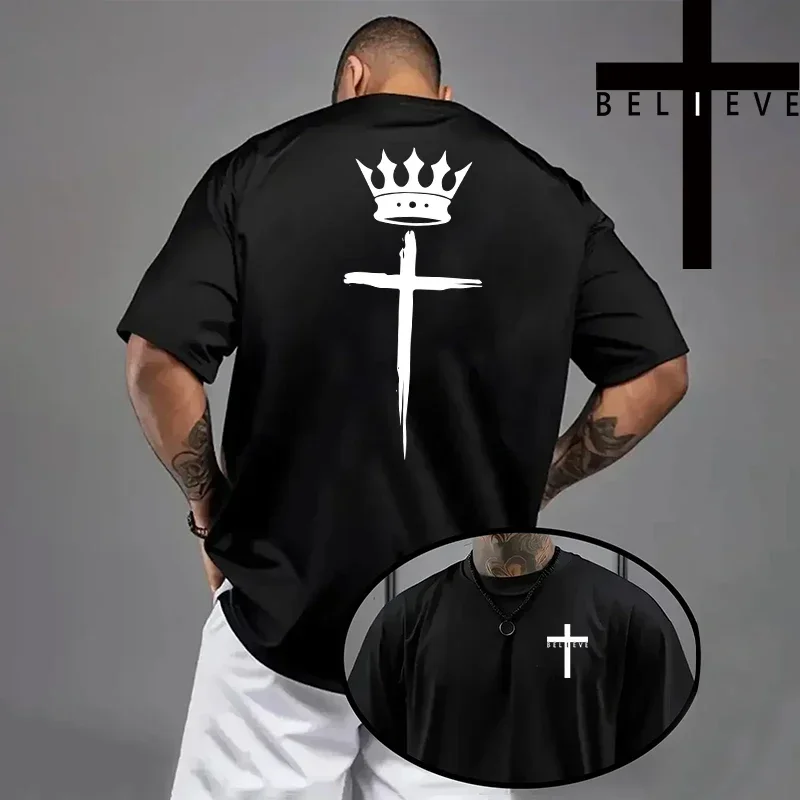 Herren-T-Shirt mit christlichem Jesus-Kreuz-Design, hochwertige Baumwolle, kurzärmelig, Frühling/Sommer, lässiges Mode-Oberteil, einfarbig. – Detail 4