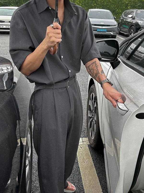 

TANGZ Studio Men's Faion Loose ort Sve irt And Straight Leg Pants Summer Set Korean Trendy Casual Sportswear