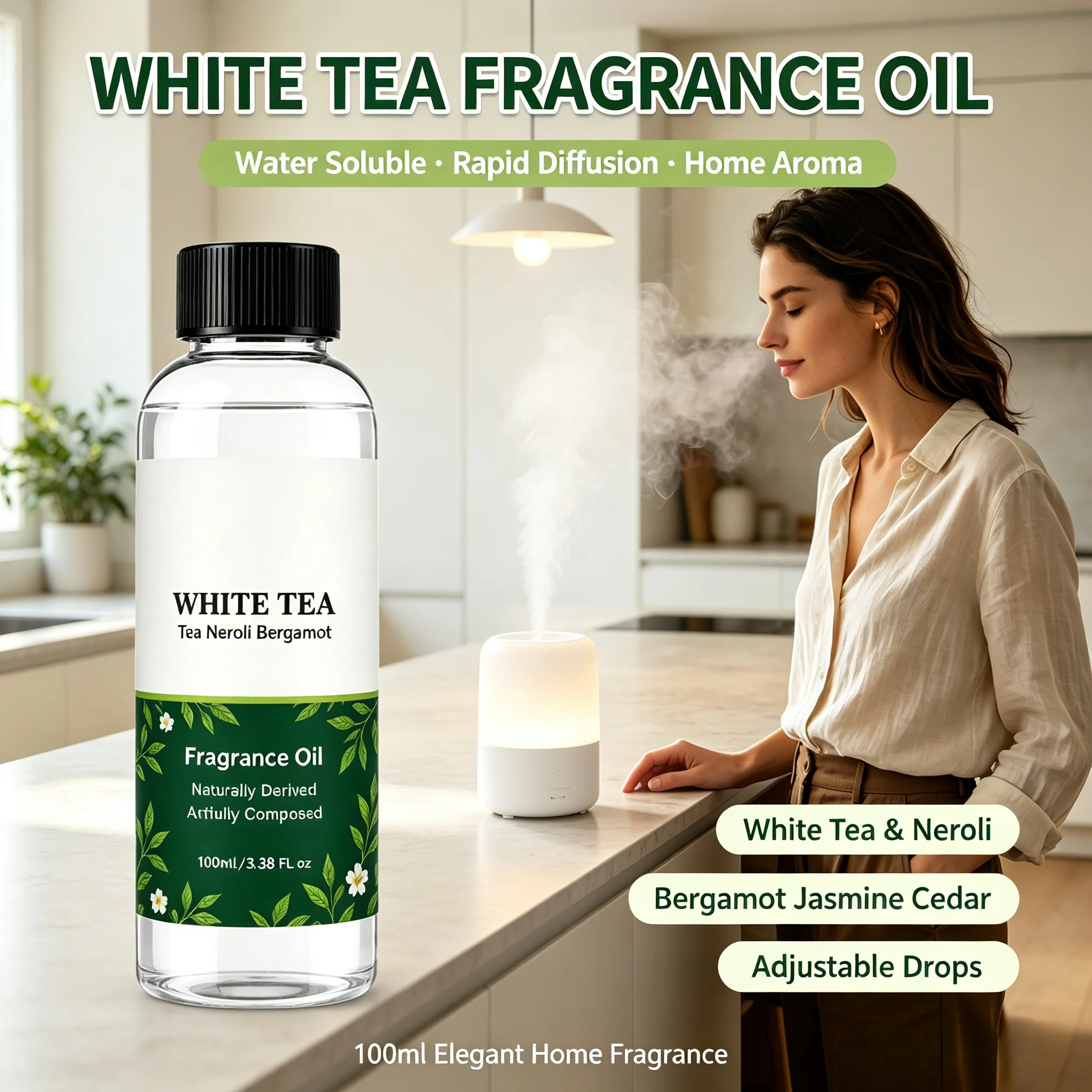White Tea Neroli Fragrance Oil Water Soluble Diffuser Essential Oil Musk Scent Rapid Diffusion For Home Aroma Humidifier 100ml