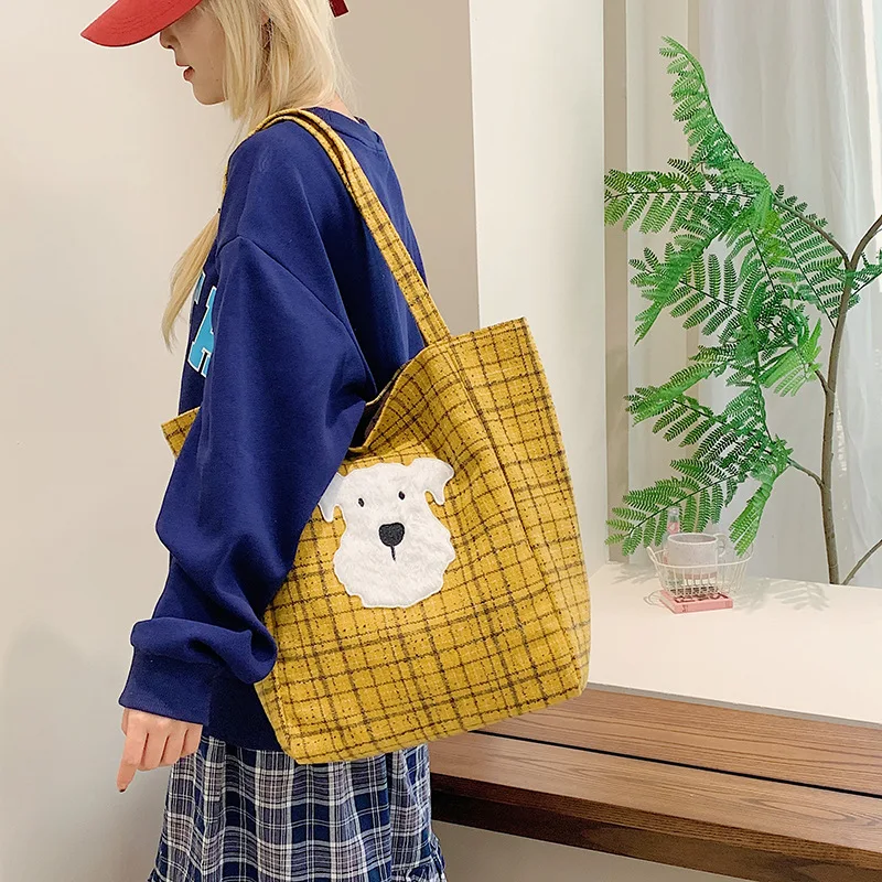 

Large-Capacity Commuter Tote 2025 A/W - Women's Korean-Style, Cute Puppy Plaid, Casual Single-Shoulder