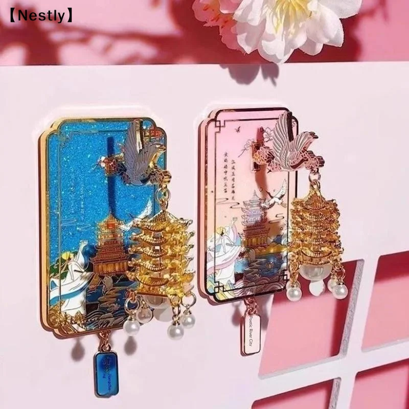 Unique Chinese Style LED Fridge Magnet , Light Up Metal Souvenir Of Yellow Crane Tower With Cherry Blossom Gift〔Nest〕