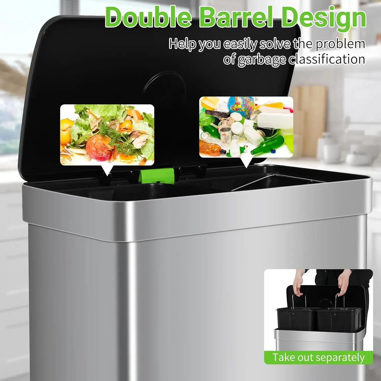 16 Gallon Kitchen Trash Bin Dual Trash Can Pedal Recycle Trash Bin with Lid Inner Bucket Stainless Steel