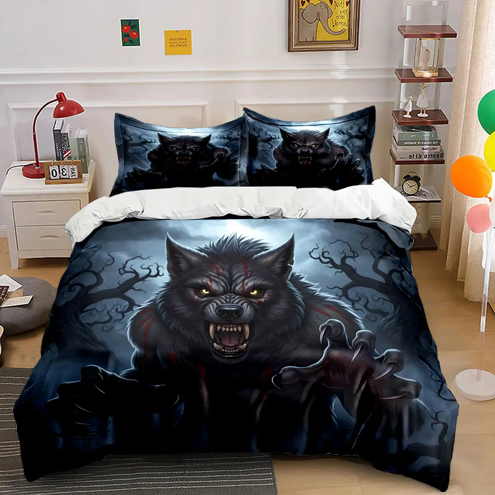 Werewolf Pattern Duvet Cover, Trendy Design Print Bedding Set 1 Duvet Cover 2 Pillowcases for Adult and Children Luxury Gift