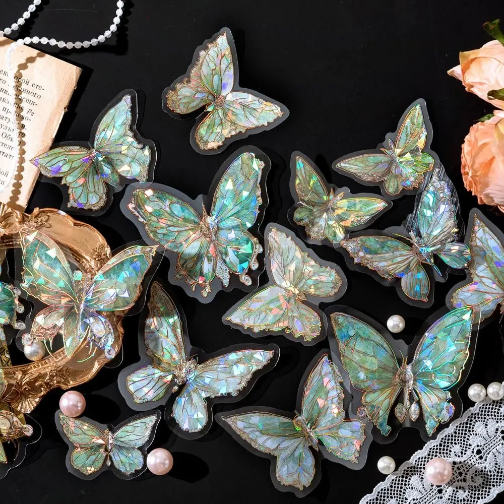 DIY Crafts Ice Crystal Laser Butterfly Sticker Vintage Aesthetic Handmade Butterfly Collage Sticker Shiny PET Scrapbooking