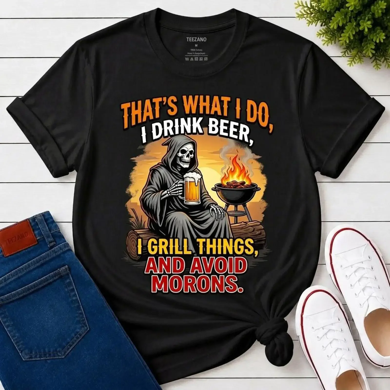 That's What I Do Drink Beer Grill Things T Shirt Grim Reaper BBQ Humor Sarcastic Skeleton Funny Father's Day For Men  vintage